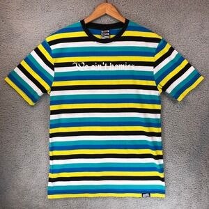 Broken Promises We Aint Homies Striped T-Shirt Mens Large Yellow Blue Teal L